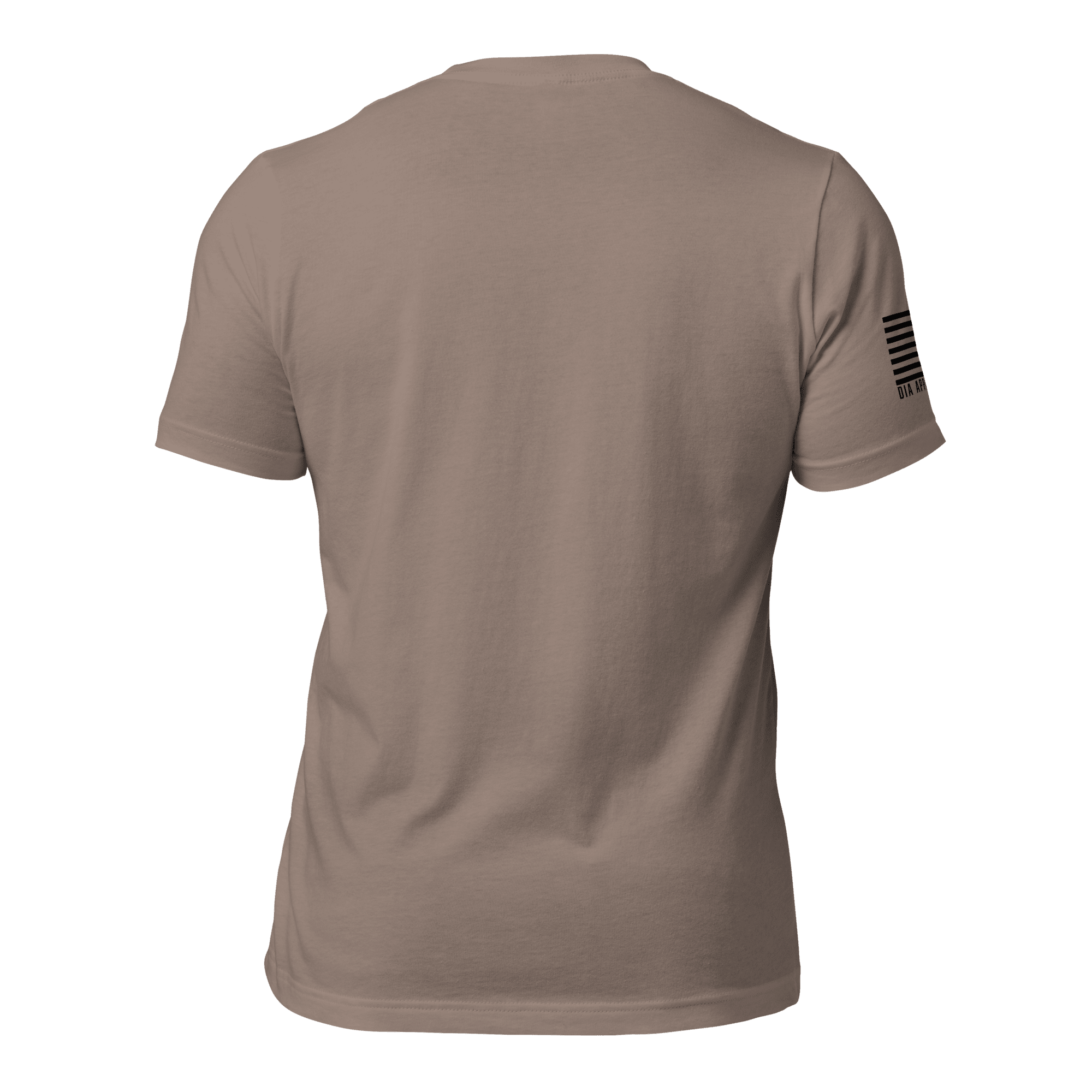 Back view of a pebble brown t-shirt featuring a black American flag and "DIA APPAREL CO," text on the right sleeve.