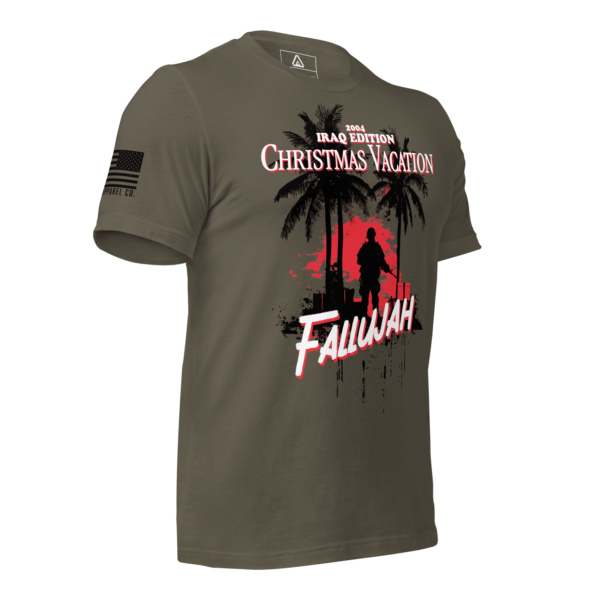 Army green t-shirt angled left featuring a Fallujah Christmas graphic and a black American flag on the sleeve.