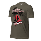 Army green t-shirt angled right featuring a Fallujah Christmas graphic and a black American flag on the sleeve.