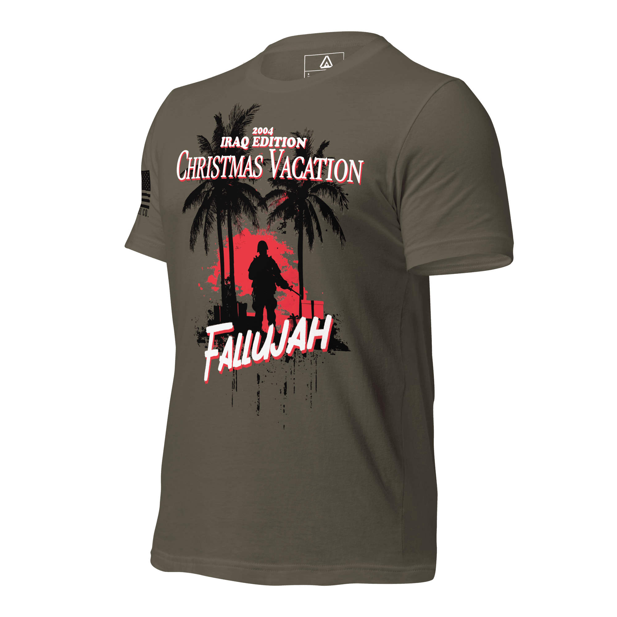 Army green t-shirt angled right featuring a Fallujah Christmas graphic and a black American flag on the sleeve.