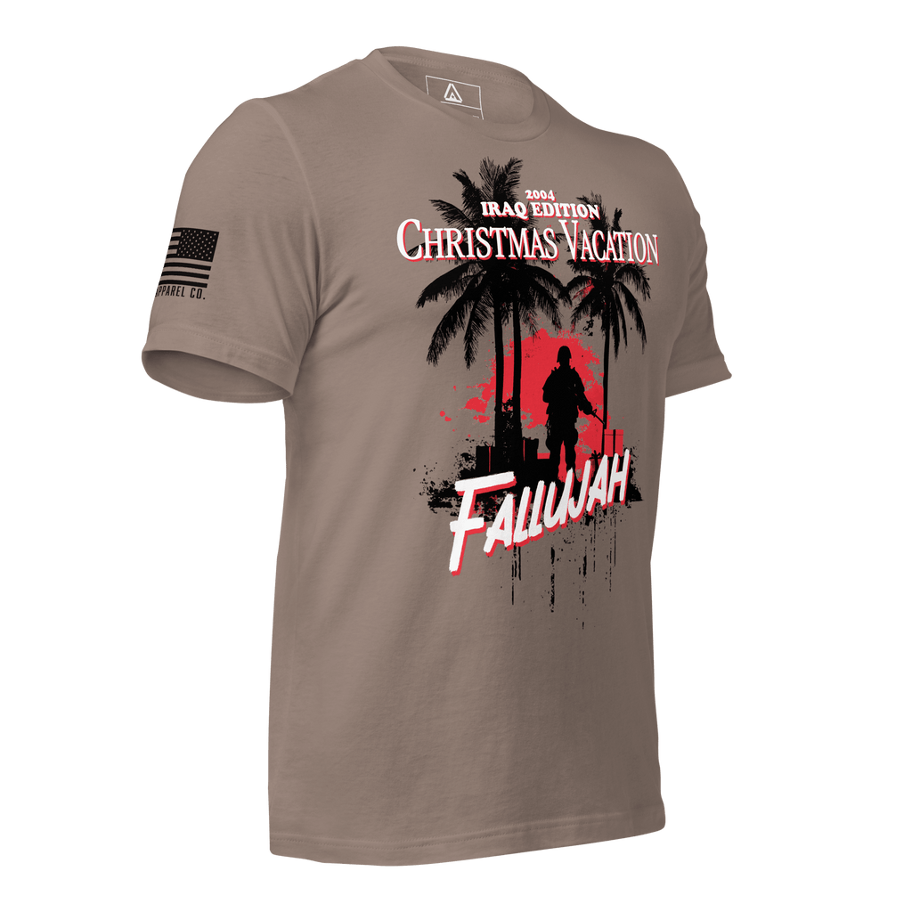 Pebble brown t-shirt angled left featuring a Fallujah Christmas graphic and a black American flag on the sleeve.
