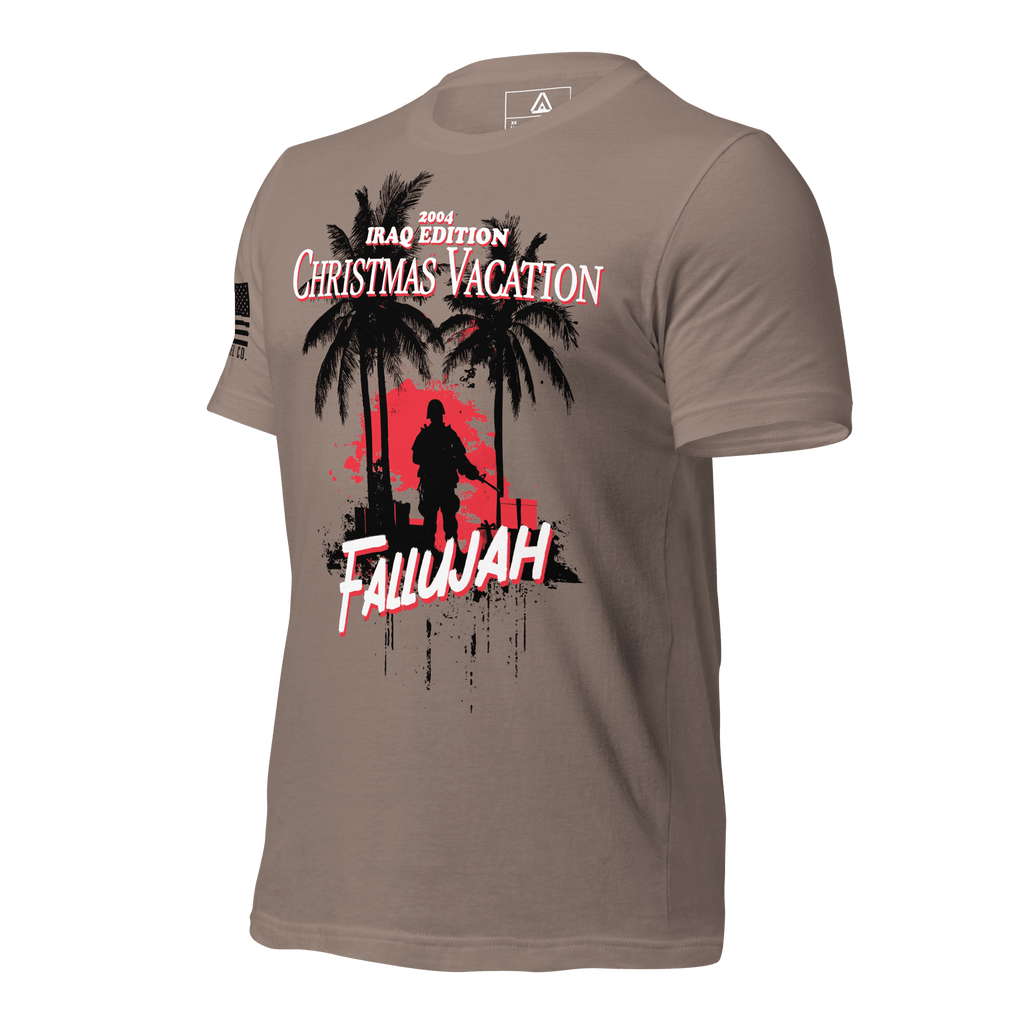 Pebble brown t-shirt angled right featuring a Fallujah Christmas graphic and a black American flag on the sleeve.