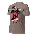 Pebble brown t-shirt angled right featuring a Fallujah Christmas graphic and a black American flag on the sleeve.