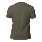 Back view of an army green t-shirt featuring a black American flag and "DIA APPAREL CO." text on the right sleeve.