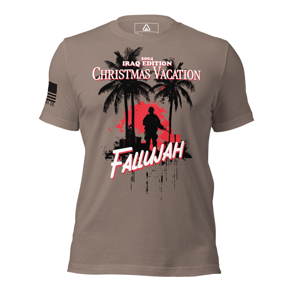 Pebble brown t-shirt featuring a soldier silhouette graphic with Iraq 2004 text and a black American flag on the sleeve.
