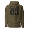 Military green "CLUB 03" hoodie in a distressed stencil font, featuring American flag on the right sleeve.