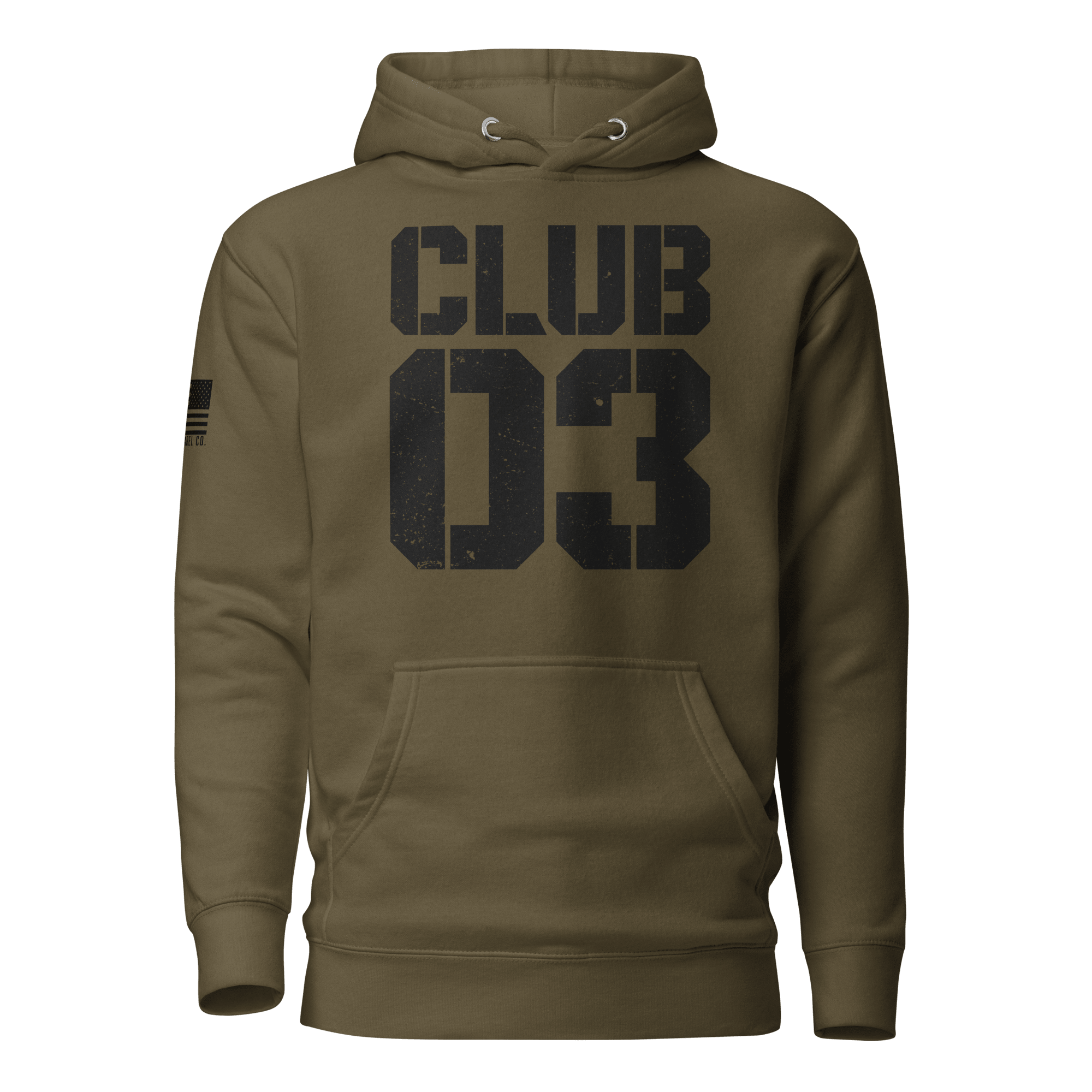 Military green "CLUB 03" hoodie in a distressed stencil font, featuring American flag on the right sleeve.