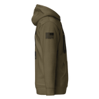Military green hoodie side view, featuring a black American flag on the right sleeve.