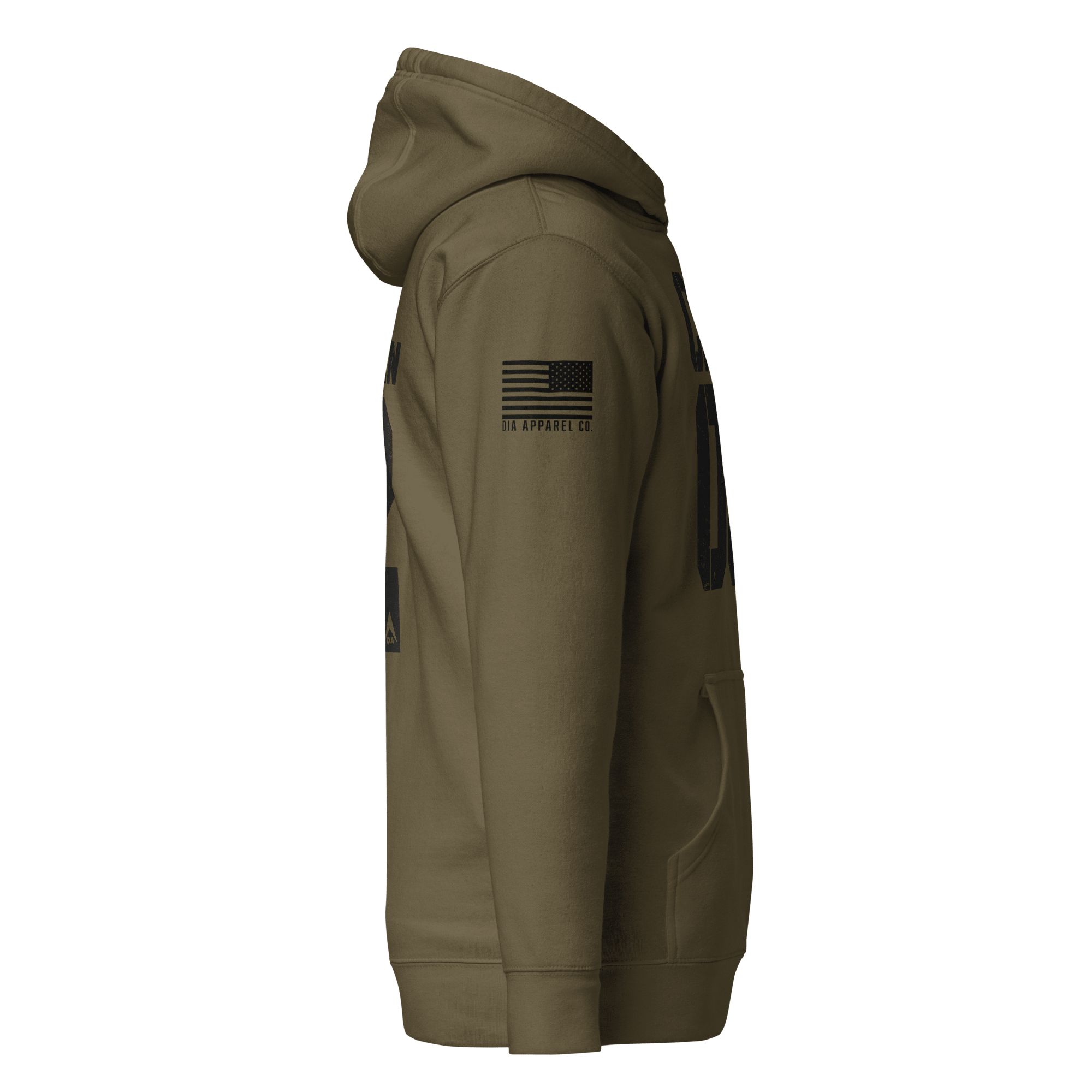 Military green hoodie side view, featuring a black American flag on the right sleeve.