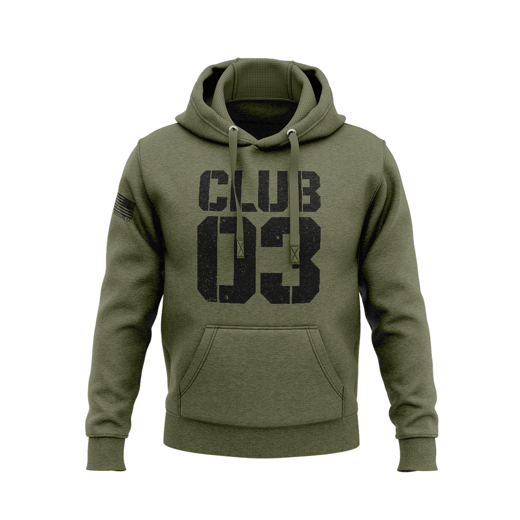 Olive green hoodie showing front stencil "CLUB 03" text and an American flag patch on the right sleeve.