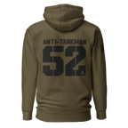 Army green "Anti-Tankman 52" hoodie shown from the back, featuring an American flag on the sleeve.