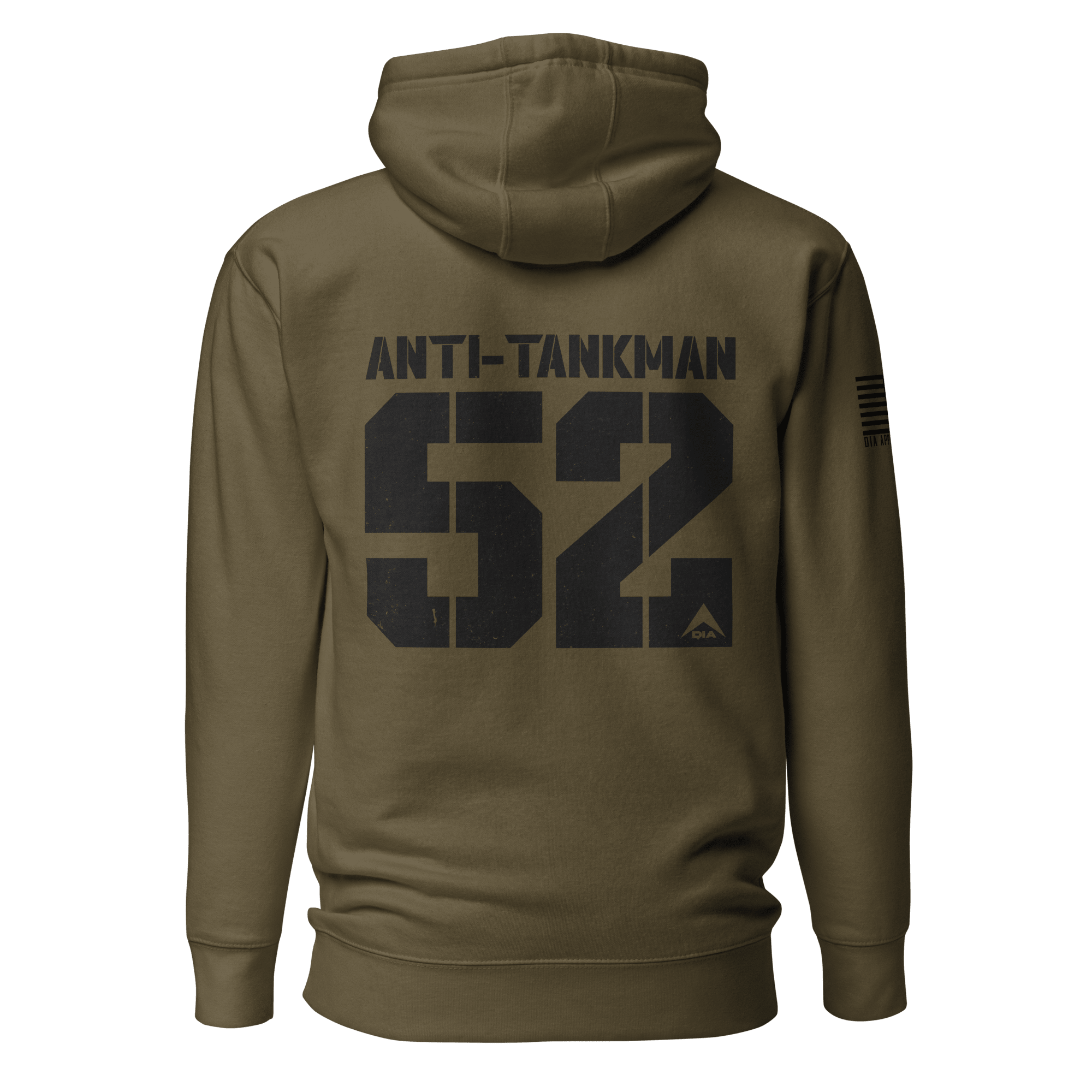 Army green "Anti-Tankman 52" hoodie shown from the back, featuring an American flag on the sleeve.