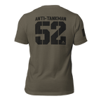 Army green "Anti-Tankman 52" t-shirt shown from the back, featuring an American flag on the sleeve.
