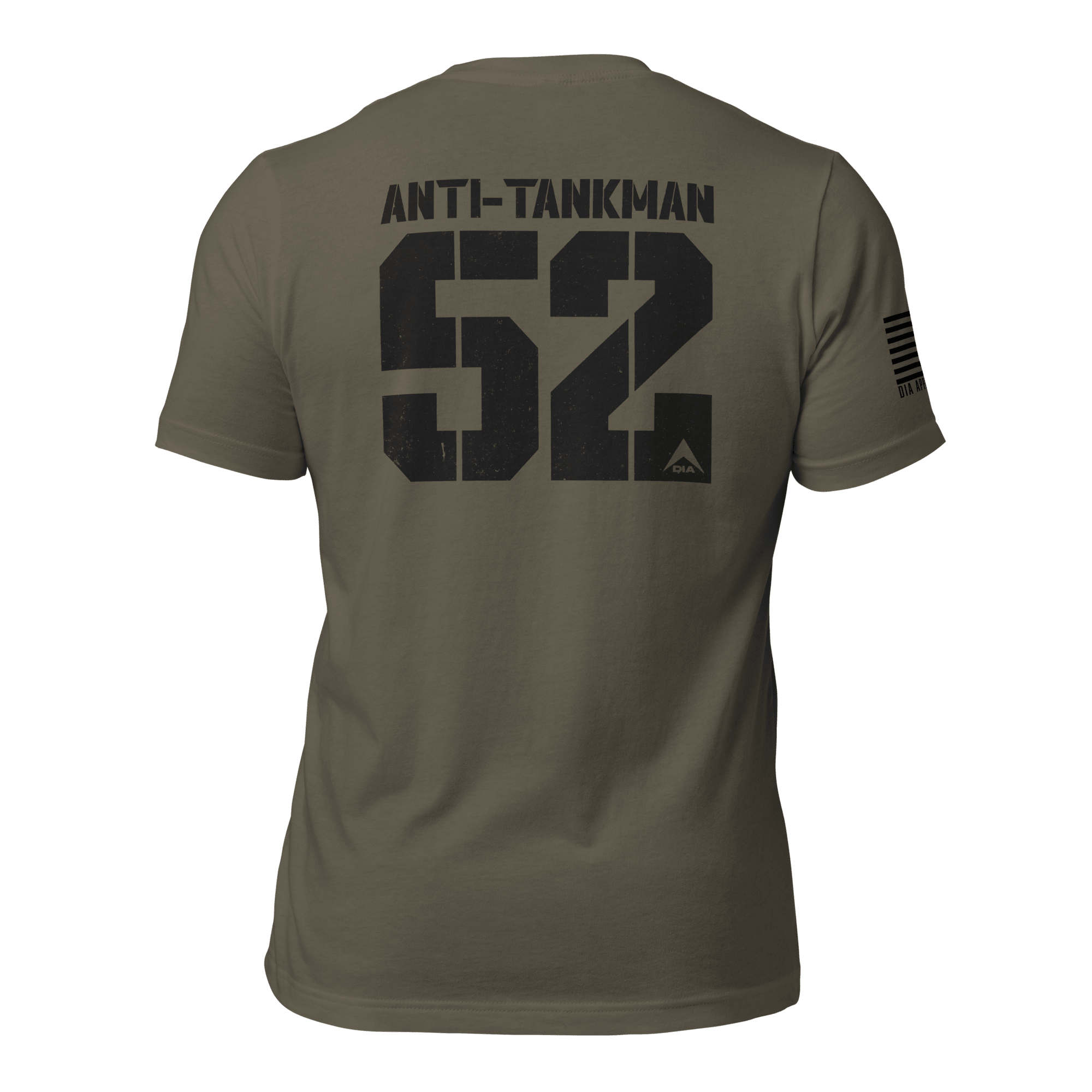 Army green "Anti-Tankman 52" t-shirt shown from the back, featuring an American flag on the sleeve.