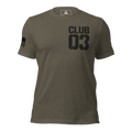 Army green "CLUB 03" t-shirt in a distressed stencil font, featuring American flag on the sleeve.