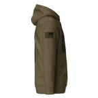 Military green hoodie shown from a side view, featuring a black American flag.