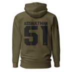 Military green "Assaultman 51" hoodie shown from the back, with an American flag on the sleeve.