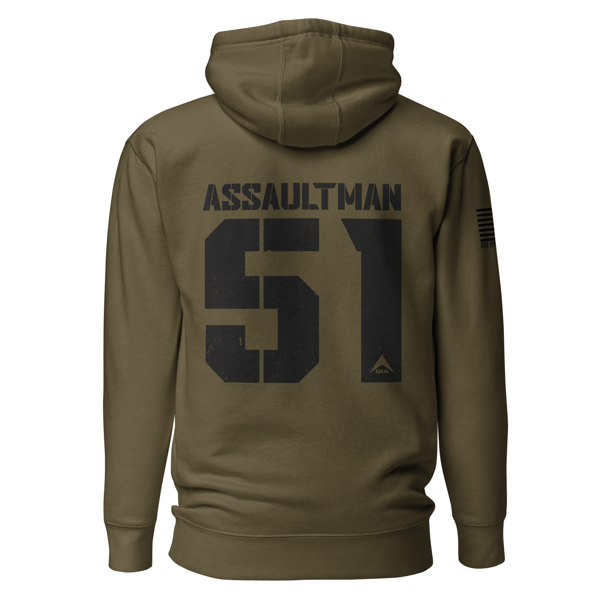 Military green "Assaultman 51" hoodie shown from the back, with an American flag on the sleeve.