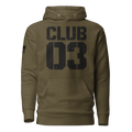 Military green "CLUB 03" hoodie in a distressed stencil font.