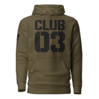 Military green "CLUB 03" hoodie in a distressed stencil font.