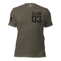 Army green "CLUB 03" t-shirt in a distressed stencil font.