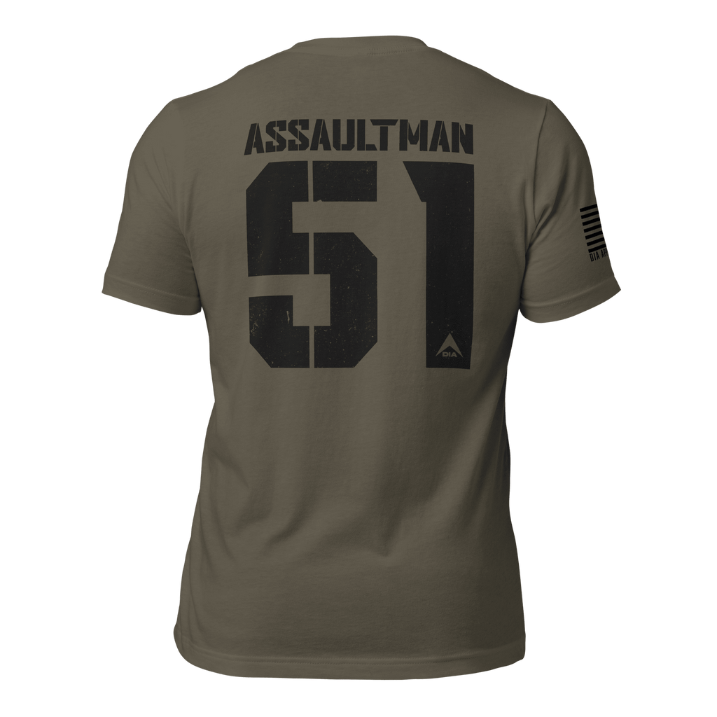 Army green "Assaultman 51" t-shirt shown from the back, featuring American flag on the sleeve.