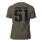 Army green "Assaultman 51" t-shirt shown from the back, featuring American flag on the sleeve.