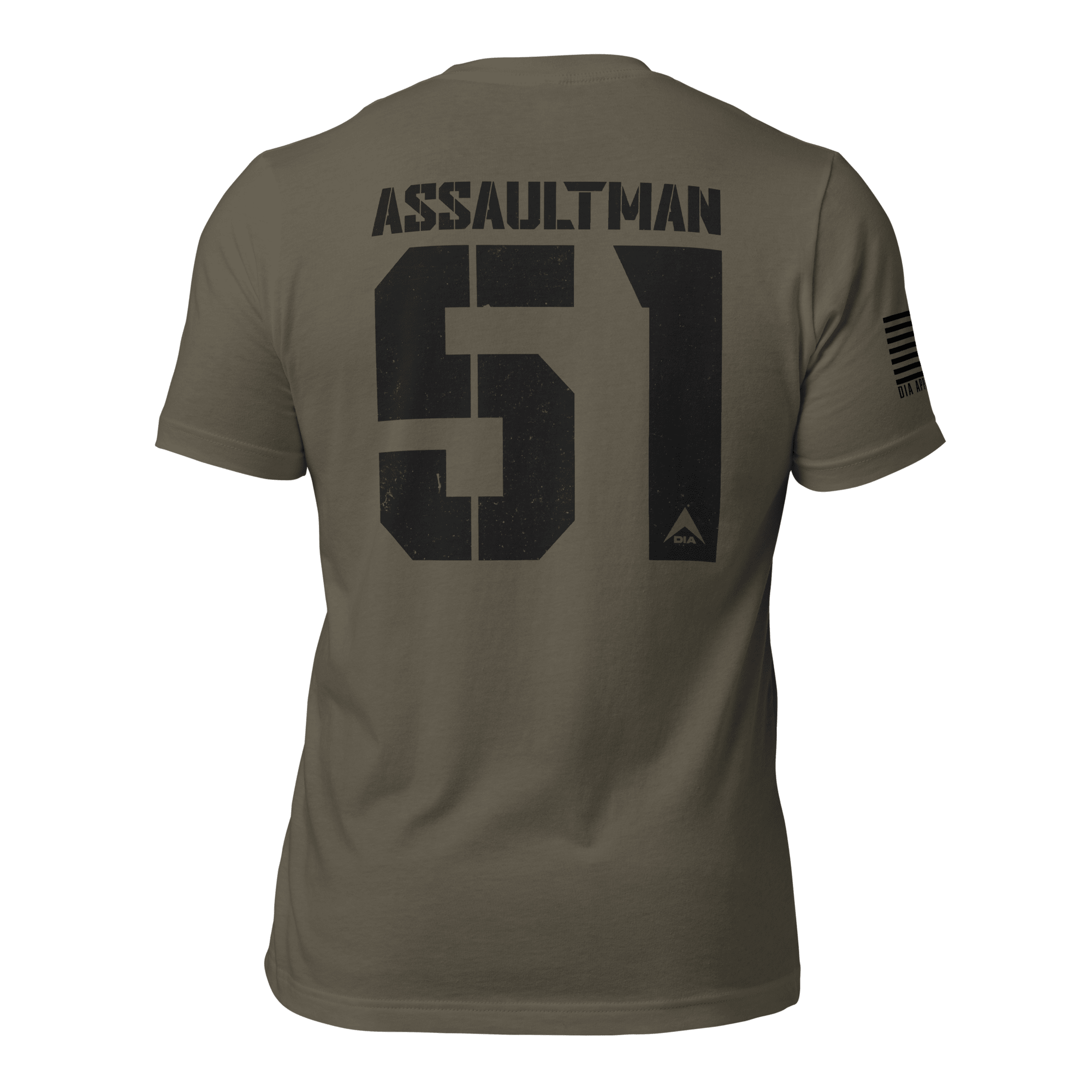 Army green "Assaultman 51" t-shirt shown from the back, featuring American flag on the sleeve.