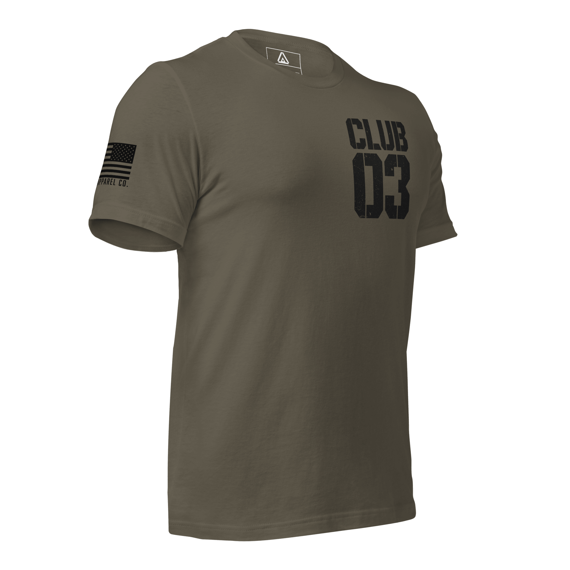 Army green "CLUB 03" t-shirt shown angled toward the left, with the American flag on the sleeve.