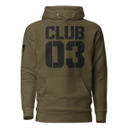 Military green "CLUB 03" hoodie in a distressed stencil font, with American flag on the sleeve.