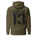Military green "Light Armored Reconnaissance 13" hoodie shown from the back, with an American flag on the right sleeve.