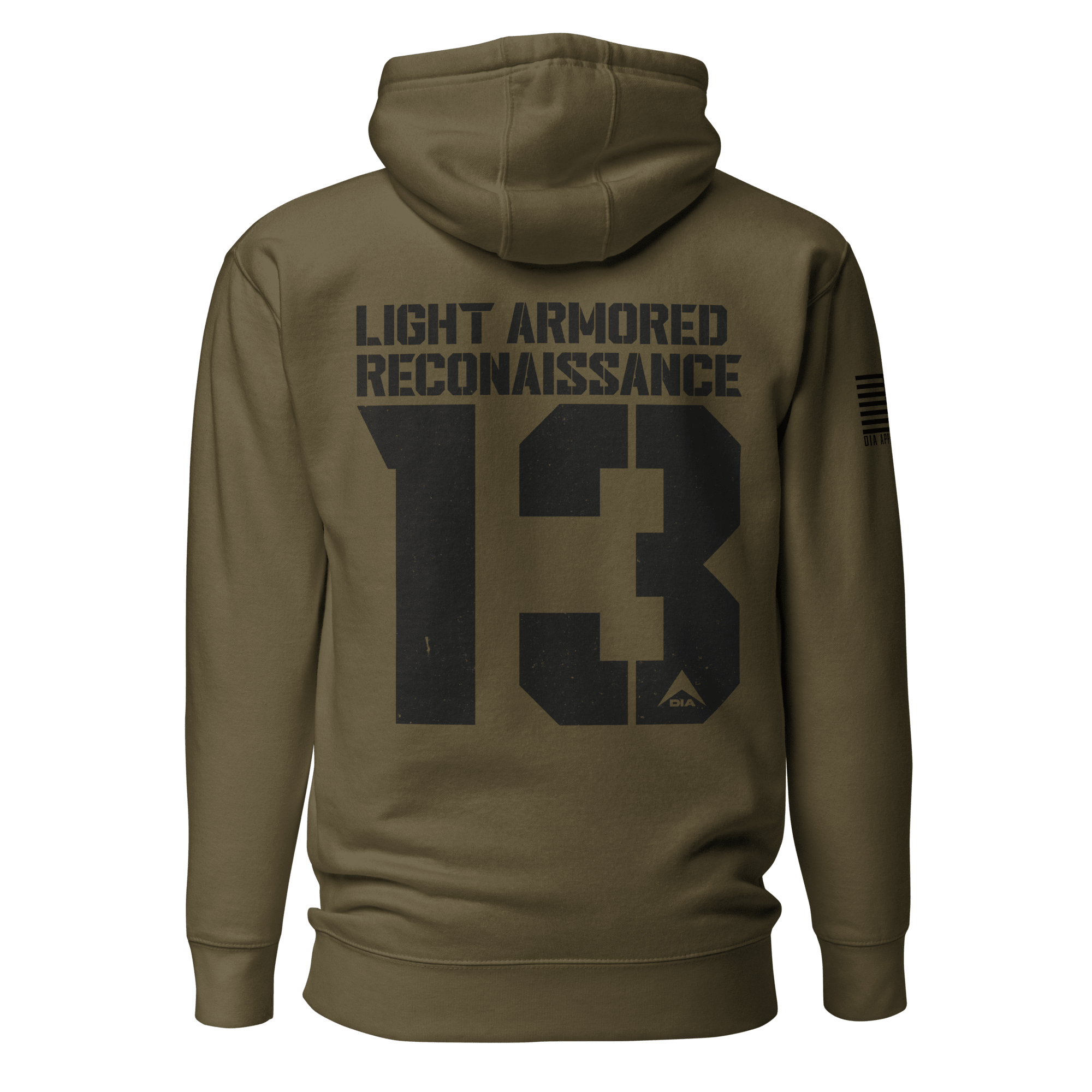 Military green "Light Armored Reconnaissance 13" hoodie shown from the back, with an American flag on the right sleeve.