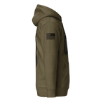 Military green hoodie from a side view, featuring a black American flag.