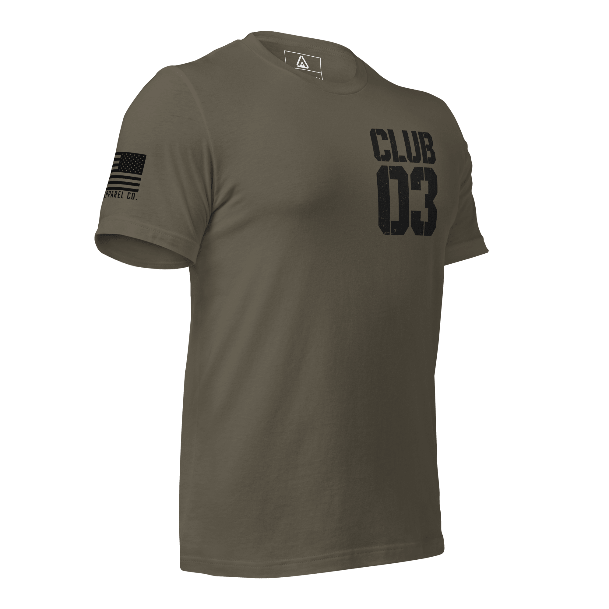 Army green "CLUB 03" t-shirt shown angled toward the left, featuring American flag on the sleeve.
