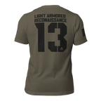 Army green "Light Armored Reconnaissance 13" t-shirt shown from the back, featuring American flag on the right sleeve.