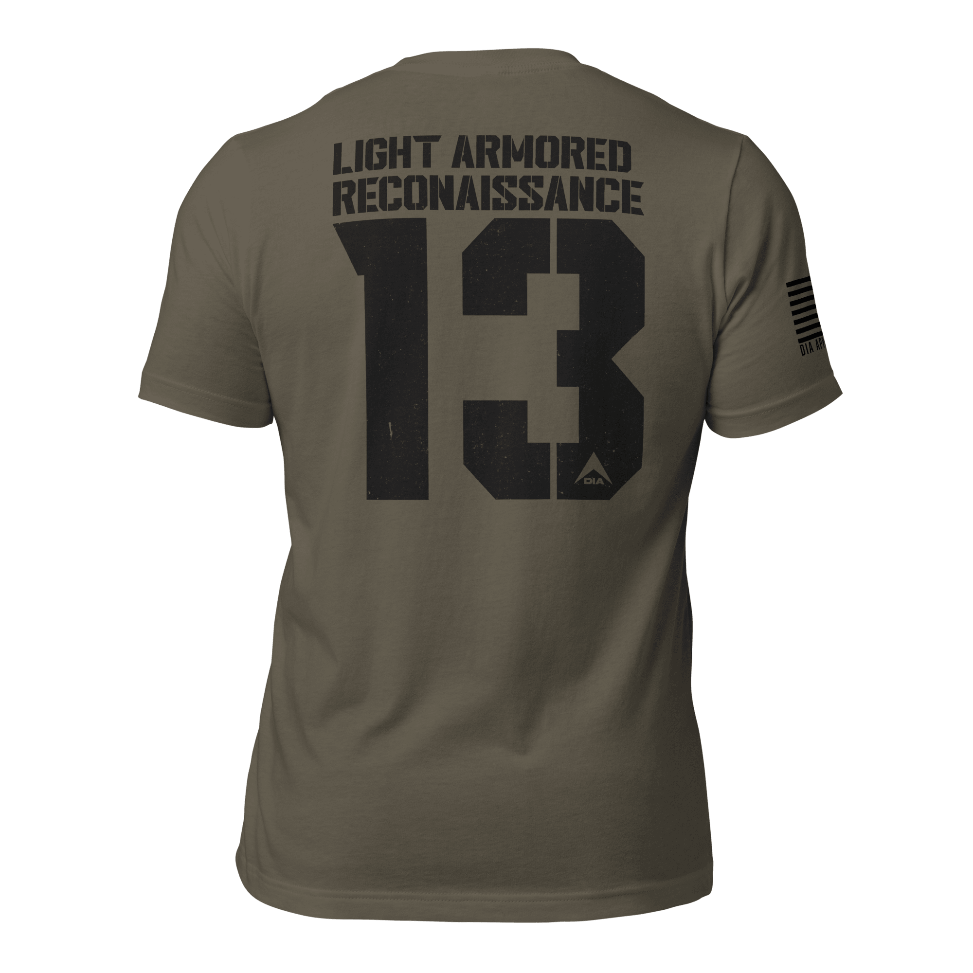 Army green "Light Armored Reconnaissance 13" t-shirt shown from the back, featuring American flag on the right sleeve.