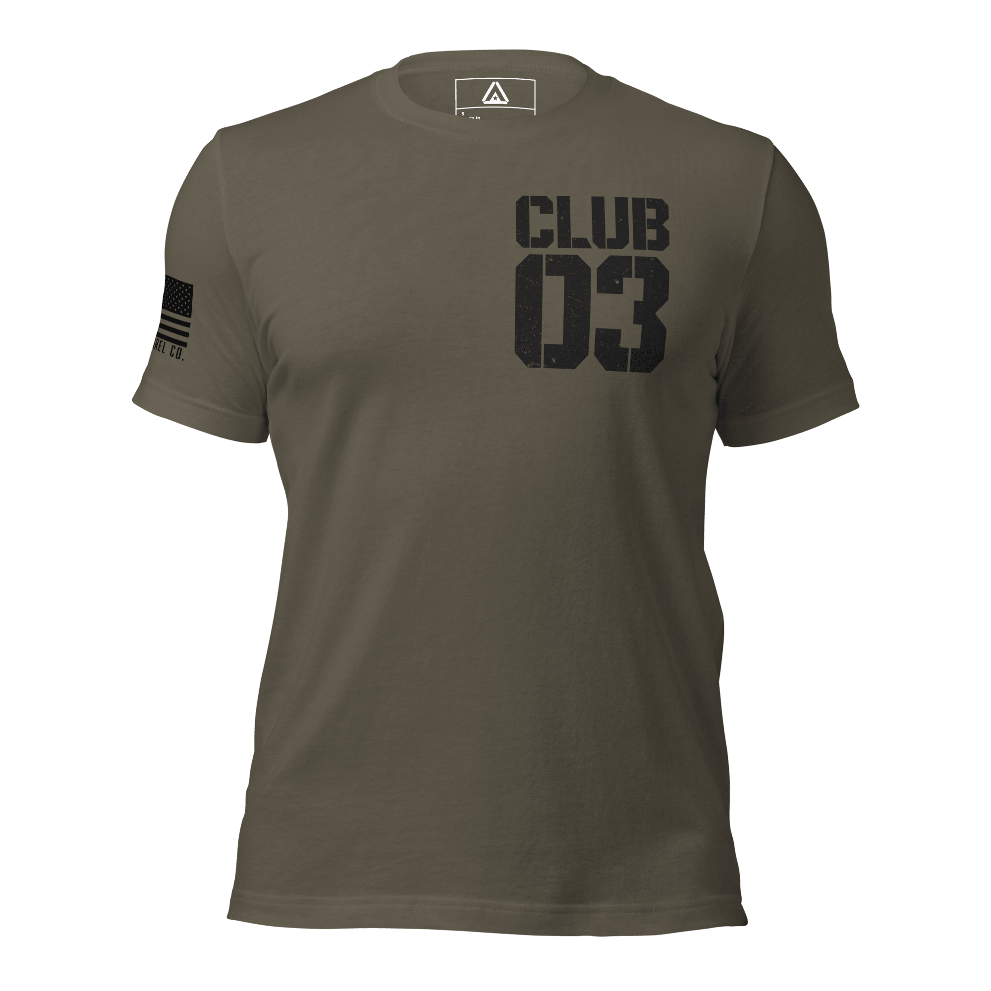Army green "CLUB 03" t-shirt in a distressed stencil font, featuring an American flag on the sleeve.