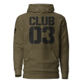 Military green "CLUB 03" hoodie in a distressed stencil font, featuring an American flag on the sleeve.