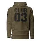 Military green "CLUB 03" hoodie in a distressed stencil font, featuring an American flag on the sleeve.
