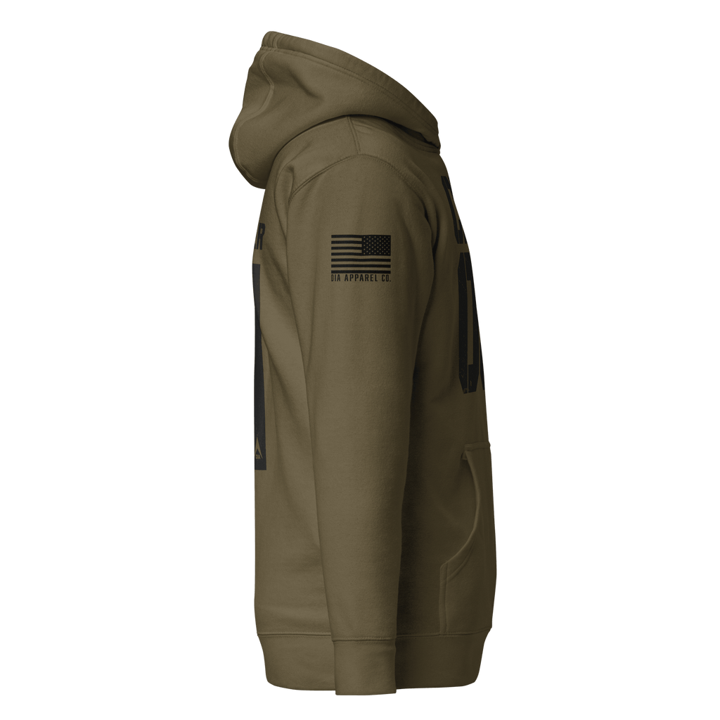 Military green hoodie from a side view, featuring a black American flag on the right sleeve.
