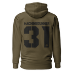 Military green "Machinegunner 31" hoodie shown from the back, featuring an American flag on the sleeve.