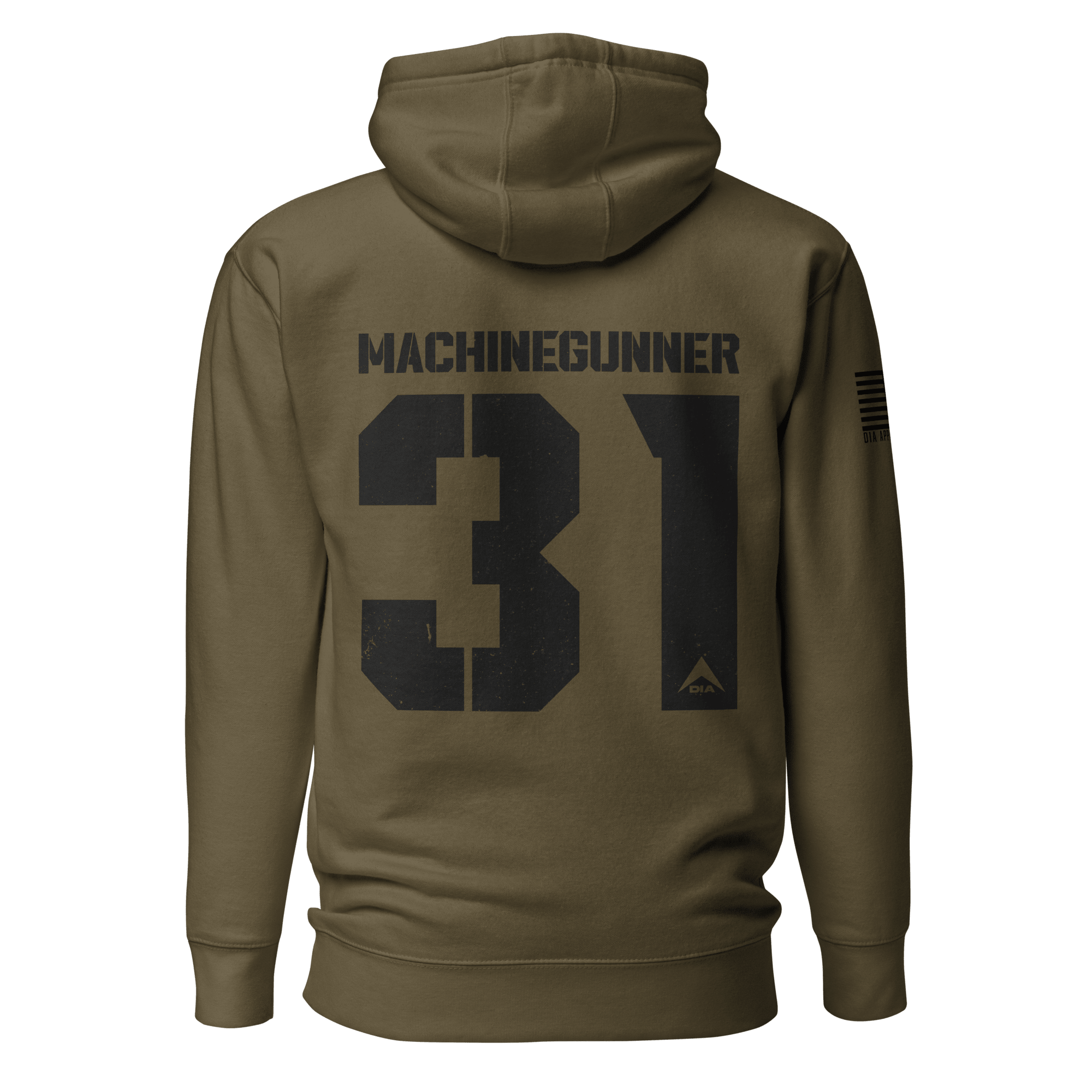 Military green "Machinegunner 31" hoodie shown from the back, featuring an American flag on the sleeve.