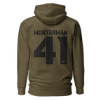 Military green "CLUB 03" hoodie shown from the back, with an American flag on the sleeve.