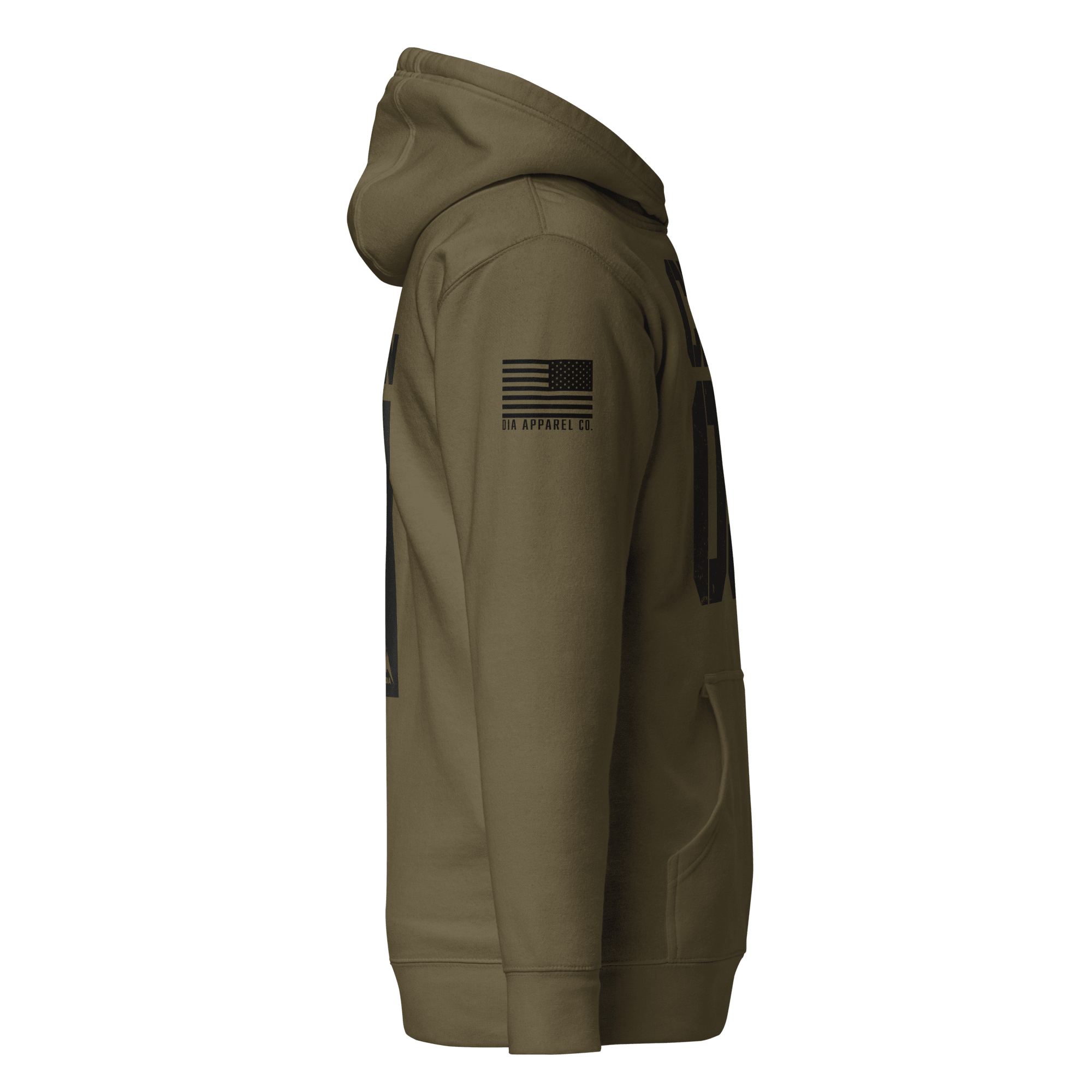 Military green hoodie shown from a side view, featuring a black American flag on the right sleeve.