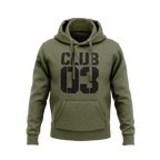 Military green hoodie featuring a front stencil "CLUB 03" graphic and an American flag patch on the right sleeve.