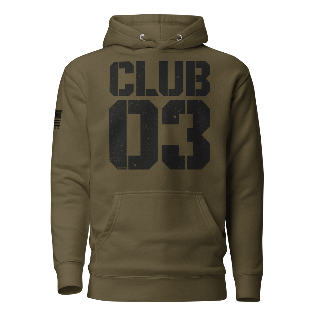 Military green "CLUB 03" hoodie in a distressed stencil font, featuring a DIA logo on the sleeve.