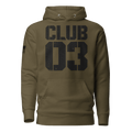 Military green "CLUB 03" hoodie in a distressed stencil font, featuring a DIA logo on the sleeve.