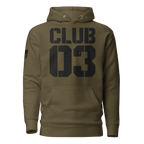 Military green "CLUB 03" hoodie in a distressed stencil font, featuring a DIA logo on the sleeve.