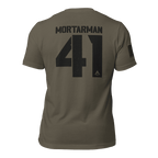 Army green "Mortarman 41" t-shirt shown from the back, with the American flag on the sleeve.