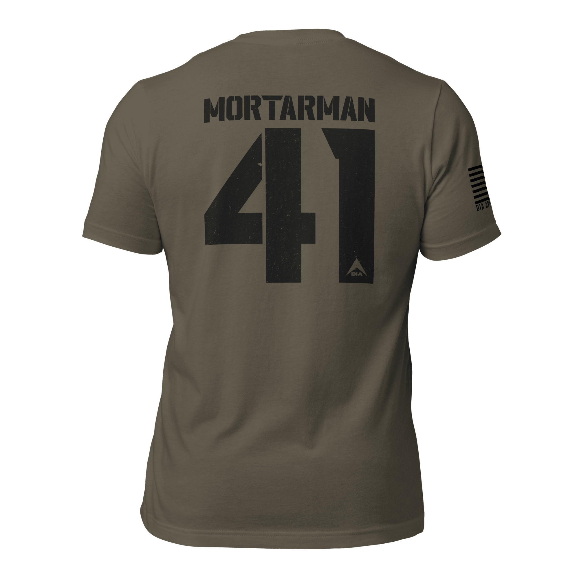 Army green "Mortarman 41" t-shirt shown from the back, with the American flag on the sleeve.